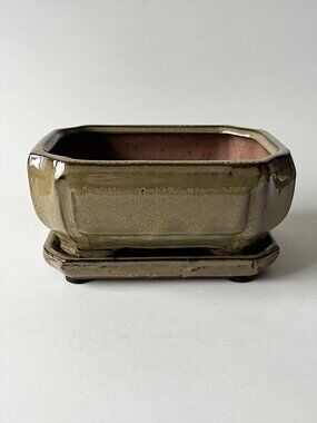 Vtg Ceramic Bonsai Planter w/ Matching Drip Tray Rectangular Crackle Glaze 6"